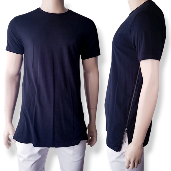 Topman Black Full Side Zipper Long Line T-Shirt - Picture 1 of 8